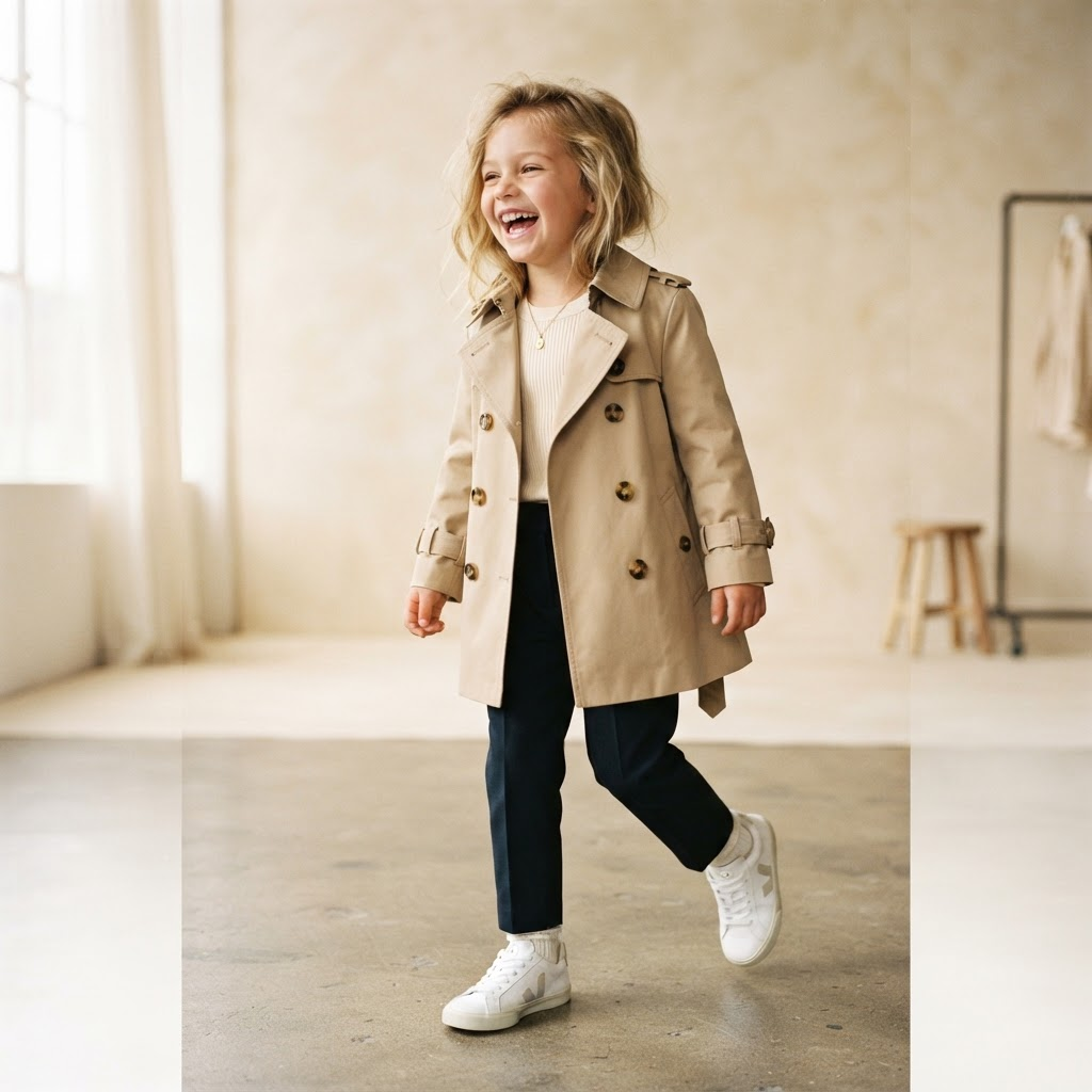 Child model in a mini trench coat