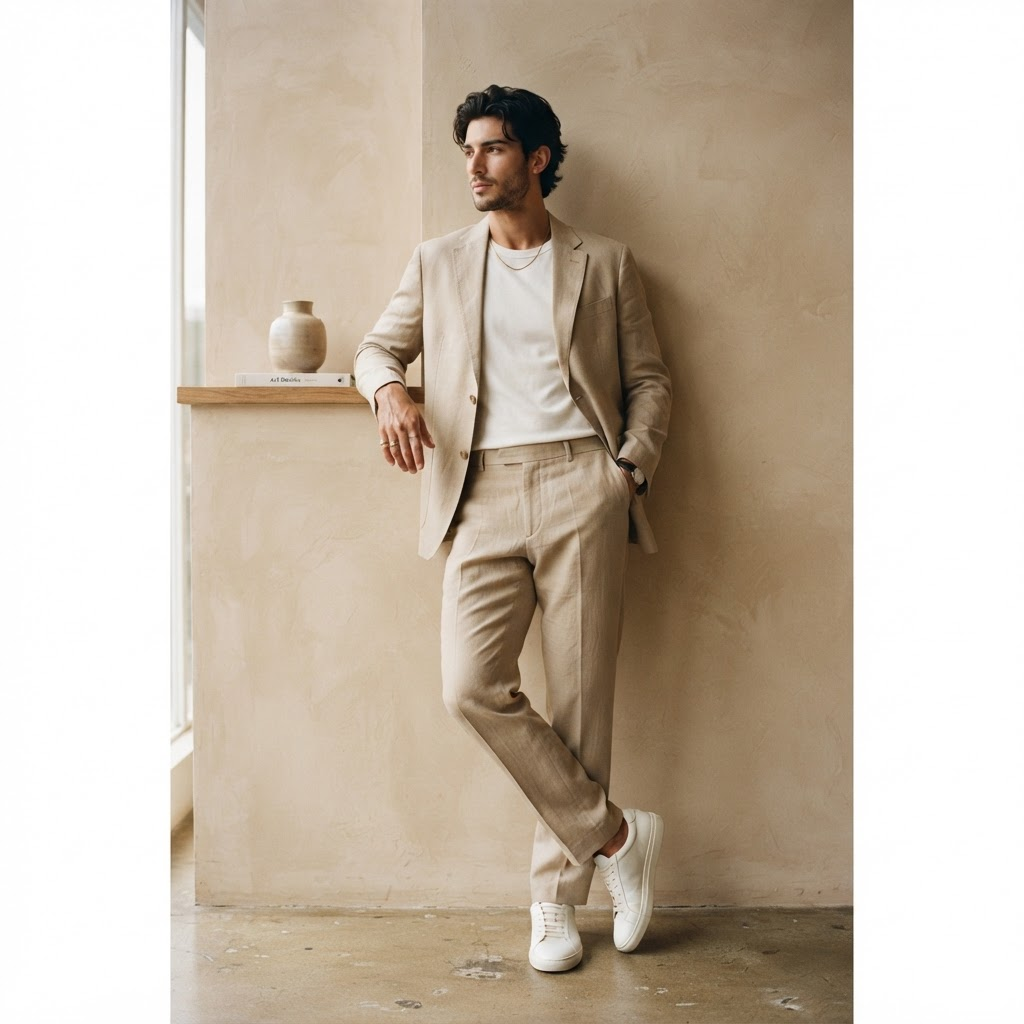 Male model in relaxed tailored beige suit