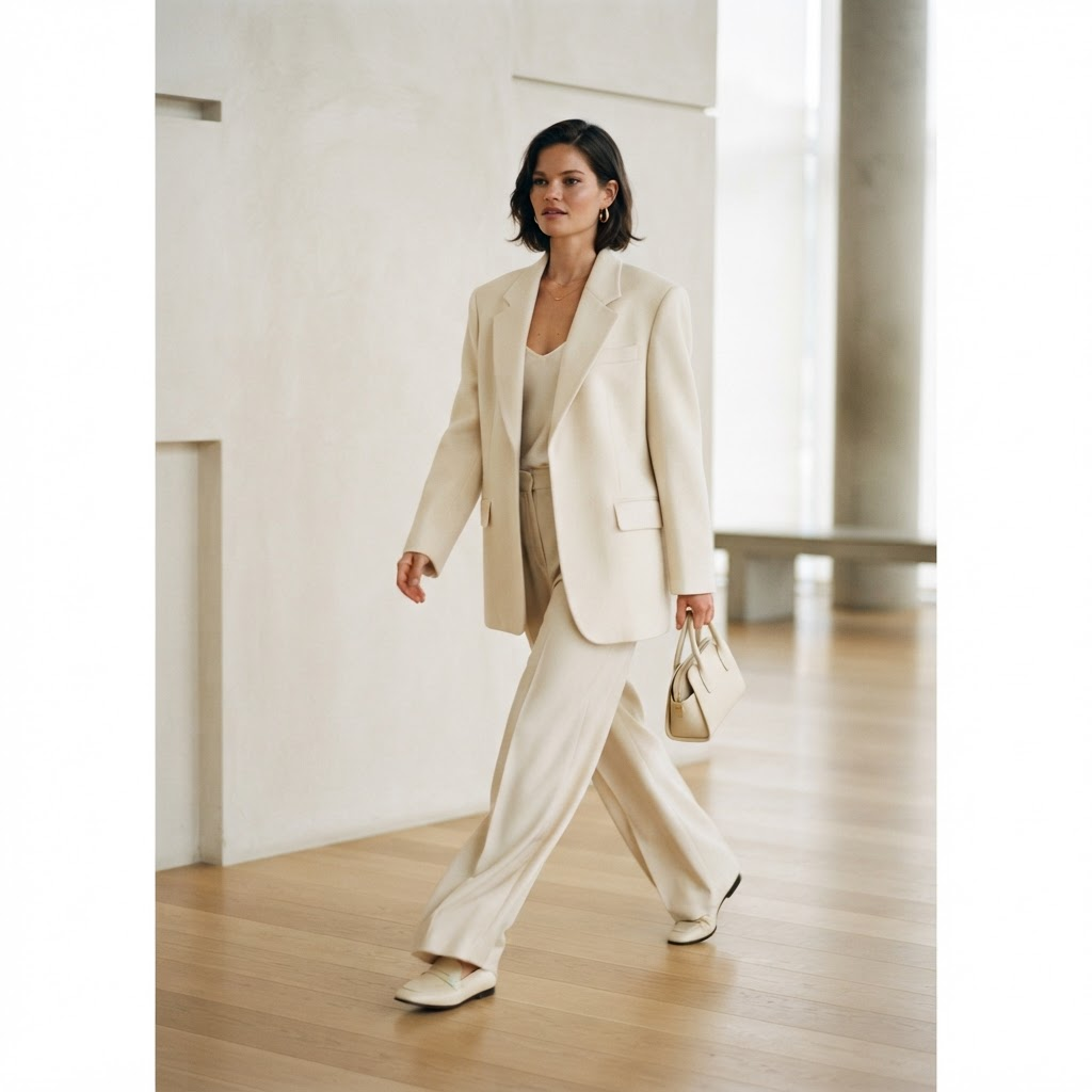 Female model in oversized cream blazer