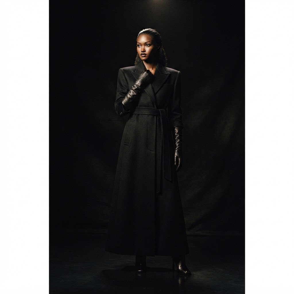 Model in a long black tailored overcoat under warm spotlight