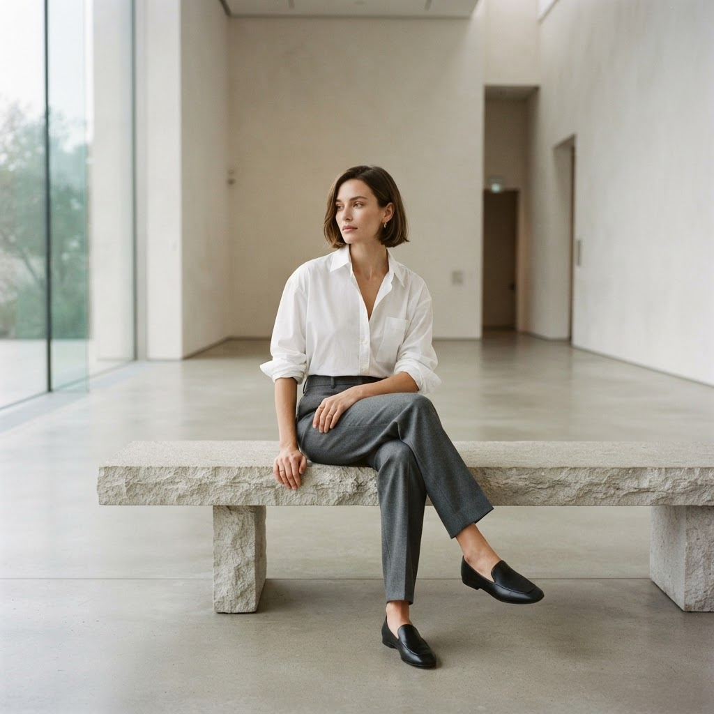 Model in crisp white shirt seated in a minimalist gallery