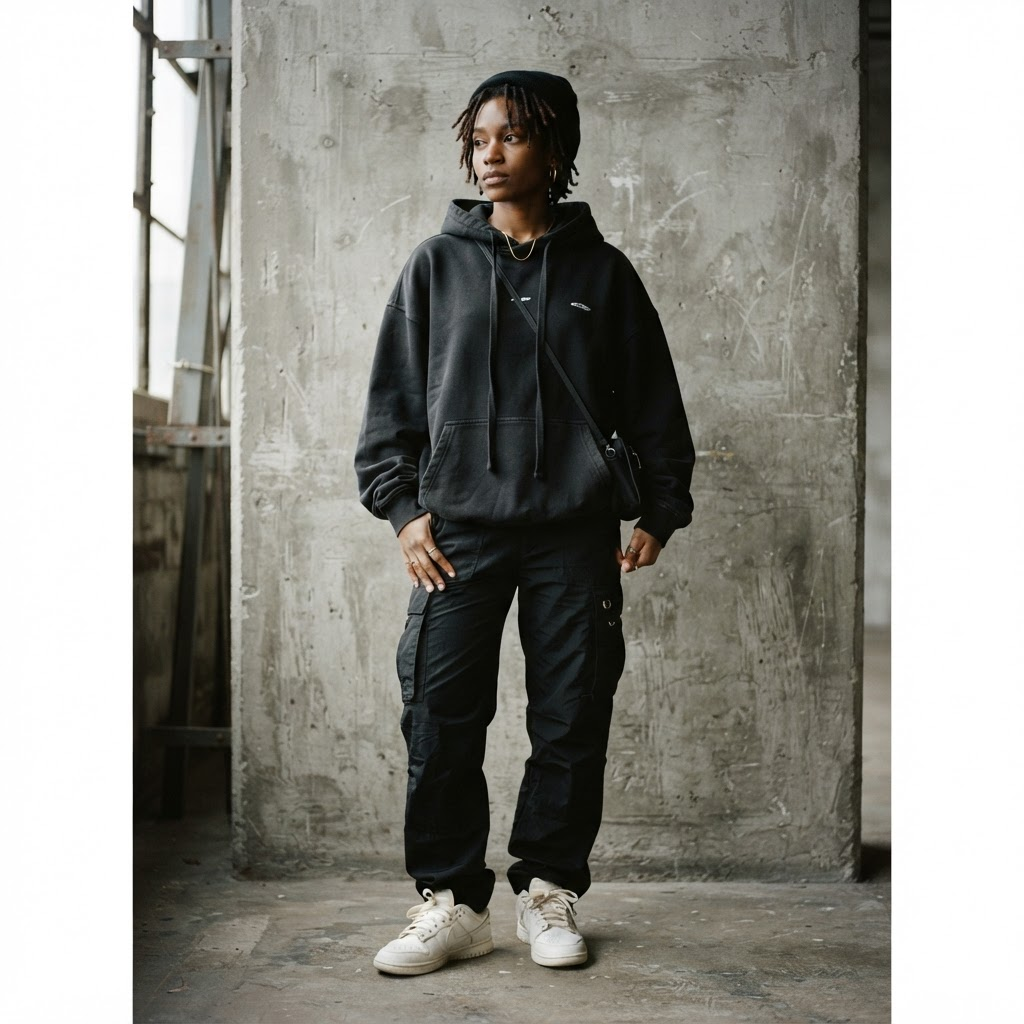 Model in black oversized hoodie against concrete