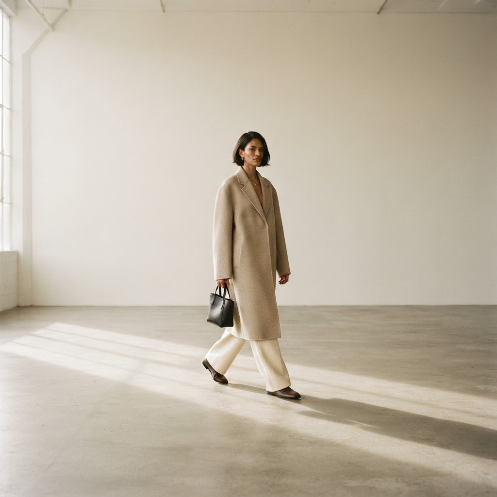 Model wearing beige wool coat