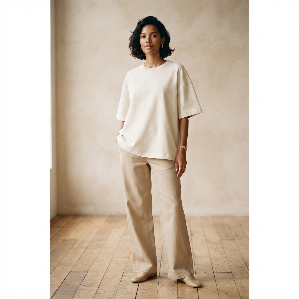 Model wearing an oversized cream heavyweight t-shirt