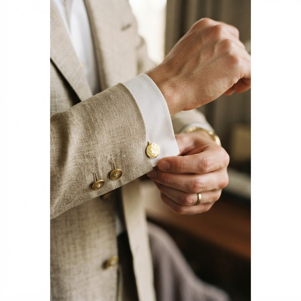 Close-up of hands adjusting cufflinks on a linen blazer