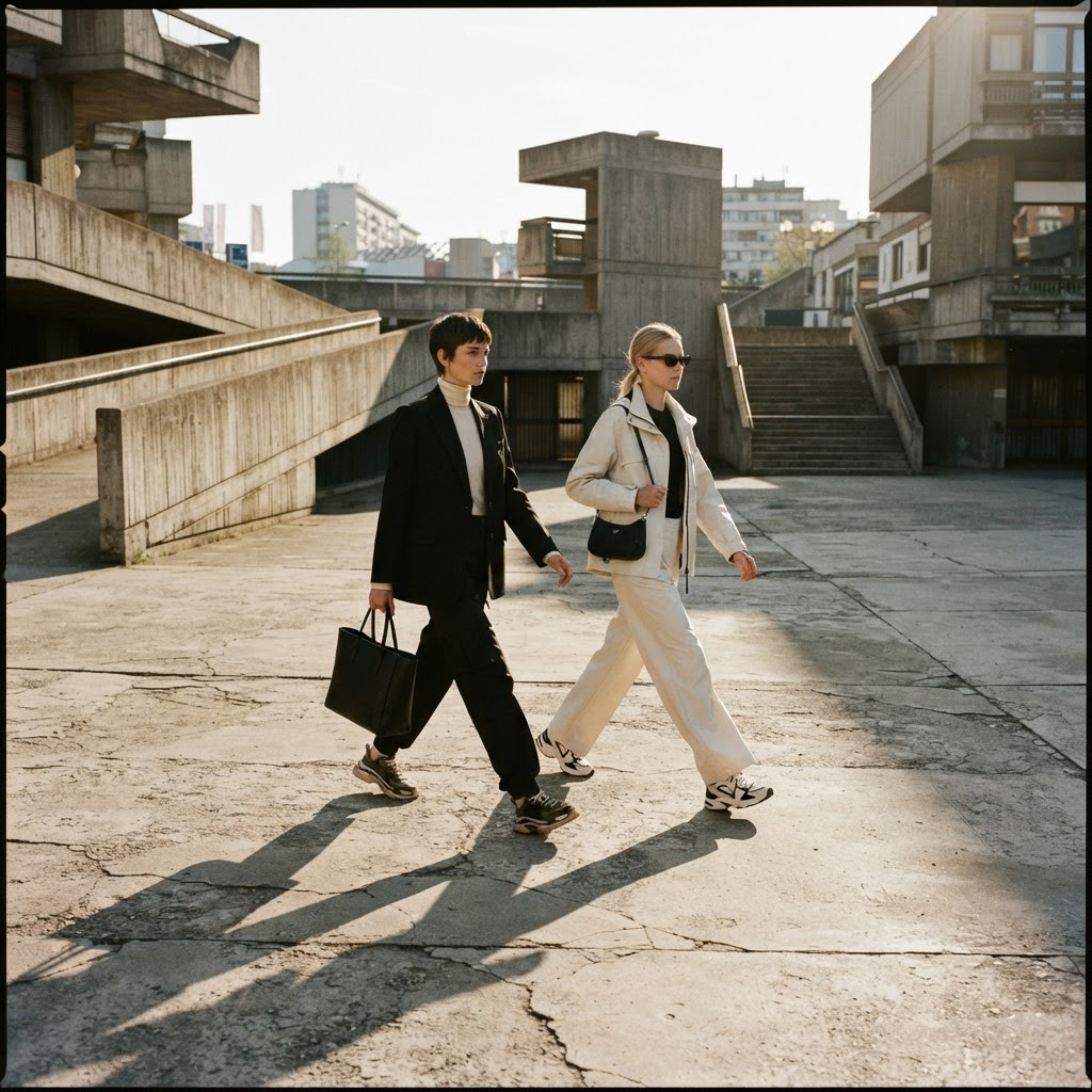 Two models in coordinated streetwear in a concrete plaza