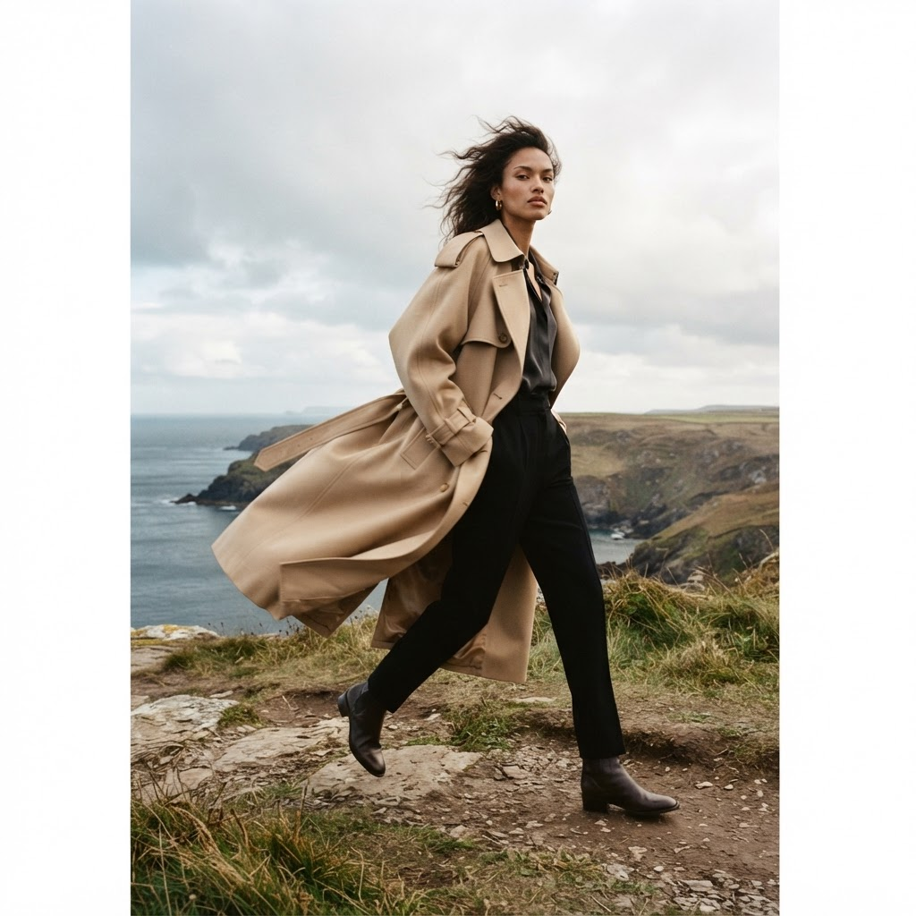 Model in flowing beige trench coat caught mid-motion