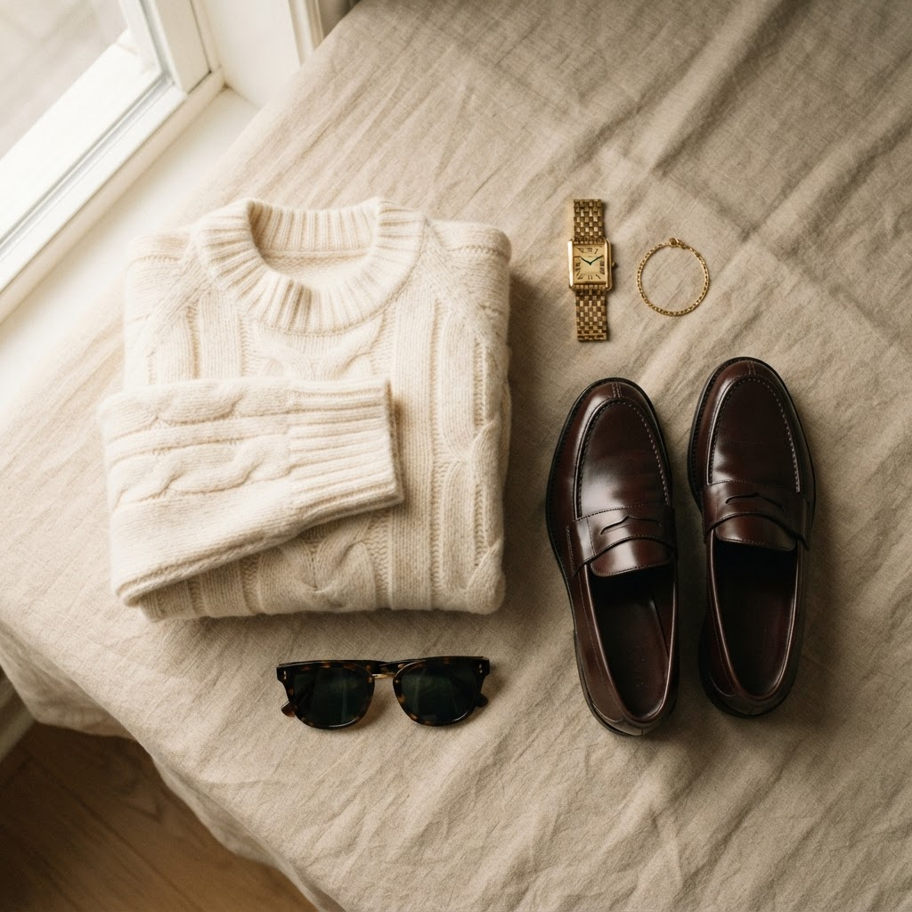 Flat lay of a curated luxury outfit on linen